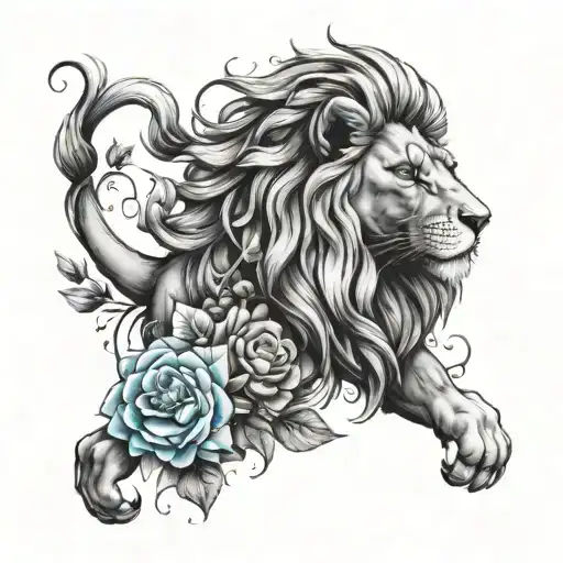 lion with light blue eyes and flowers intertwined with the mane tattoo design idea