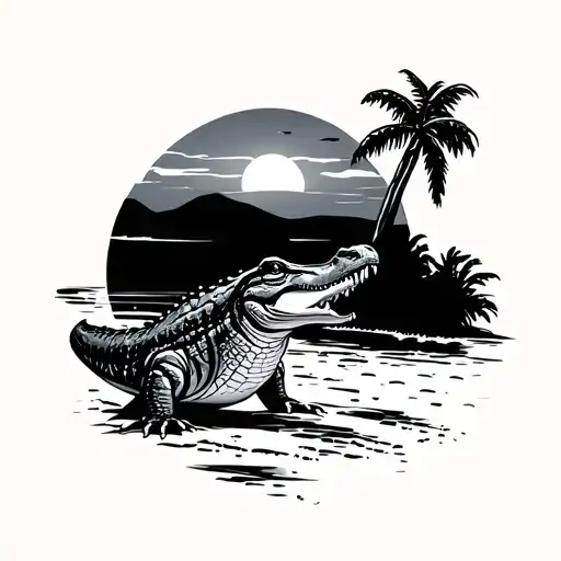 Alligator next to palm trees on a beach sunset tattoo design idea