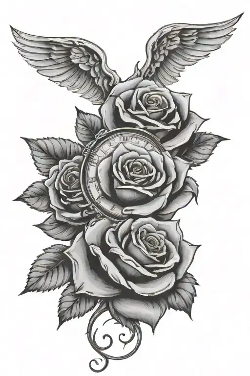 black rose to represent zacs dealth but also want angel wings with the black rose and a stard clock tattoo design idea