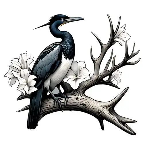 Cormorant standing on a deer antler wrapped in gladiolus flower tattoo design idea
