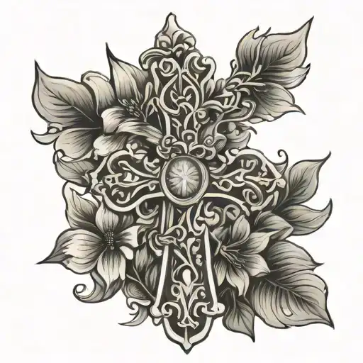 flower cross with Matthew 6:34 tattoo design idea