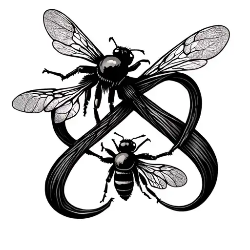 fine line infinity symbol with three bees making up part of the infinity line tattoo design idea