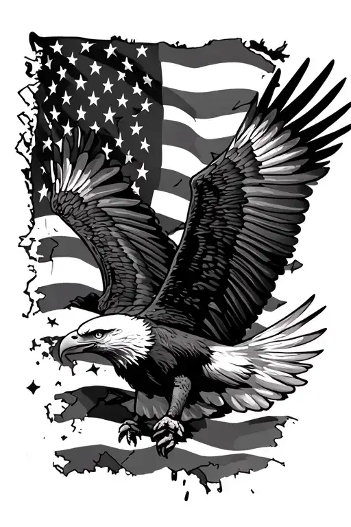bald eagle flying in front of a tattered american flag tattoo design idea