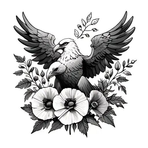 Polish eagle with poppy leaves, flowers, and pods tattoo design idea