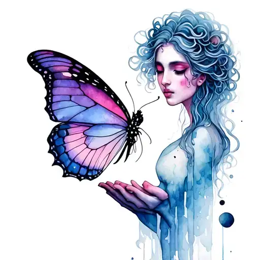 medusa holding a semicolon butterfly in her hands tattoo design idea