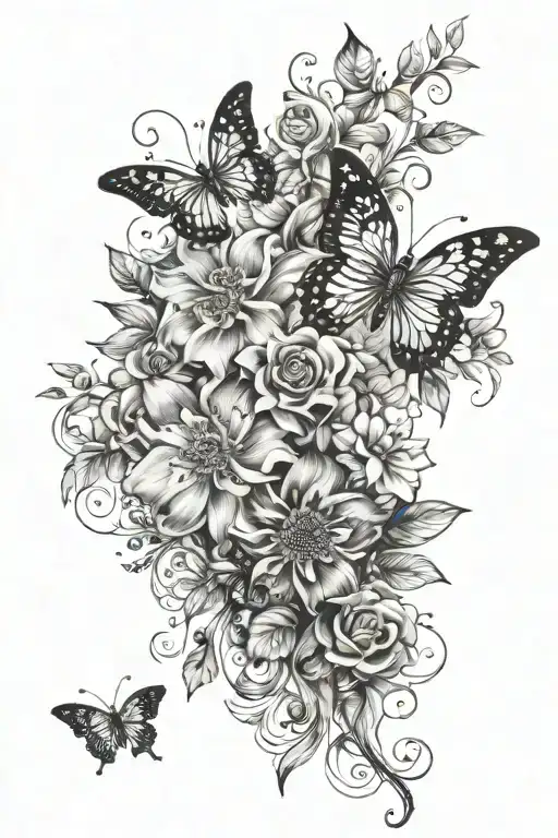 floral details,symbolizing guidance and benevolence. Flowers, butterflies and plants. Says "divine, benevolent, merciful tattoo design idea