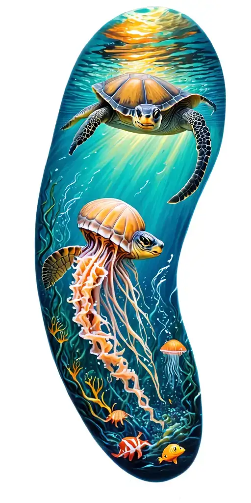 underwater ocean scape scene with turtle, jelly fish and stingray tattoo design idea