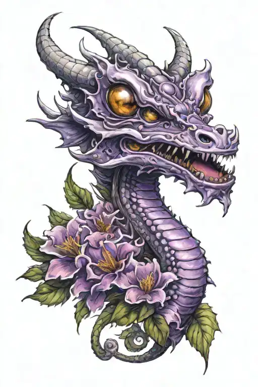 Alien flower. with a high detail purple chinese dragon wraped around the stem. its mouth is open its eyes are a bright  tattoo design idea