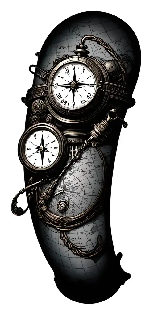 old map, with technology items, compass, old clock, tattoo design idea