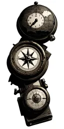 old map, with technology items, compass, old clock, tattoo design idea