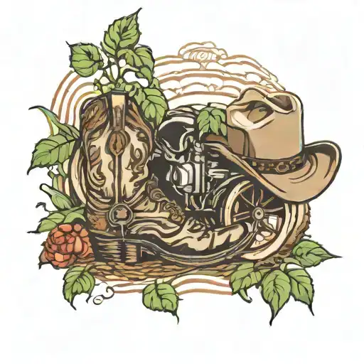 Cowboy boots and hat in a beans field And tractor tattoo design idea