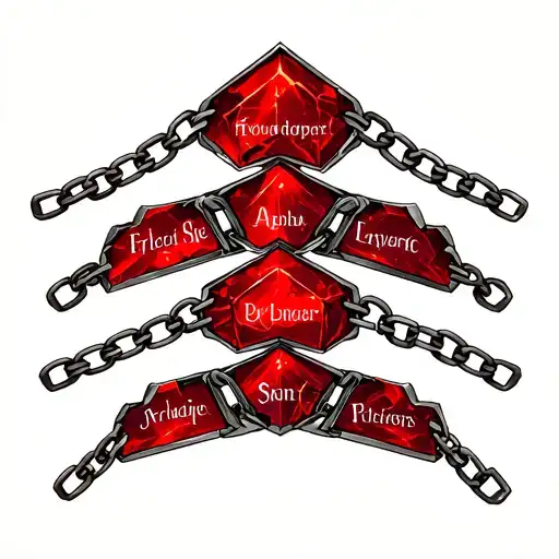 seven crimson red shards of a philosopher stone encased in a chain, each shard engraved with the names of each seven sin tattoo design idea
