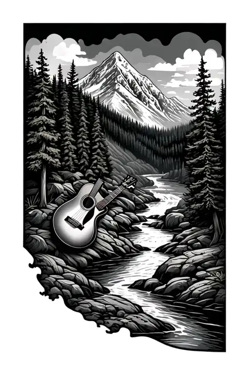 mountain range with a creek running through, with a lot of pine trees and a guitar leaving against one tattoo design idea