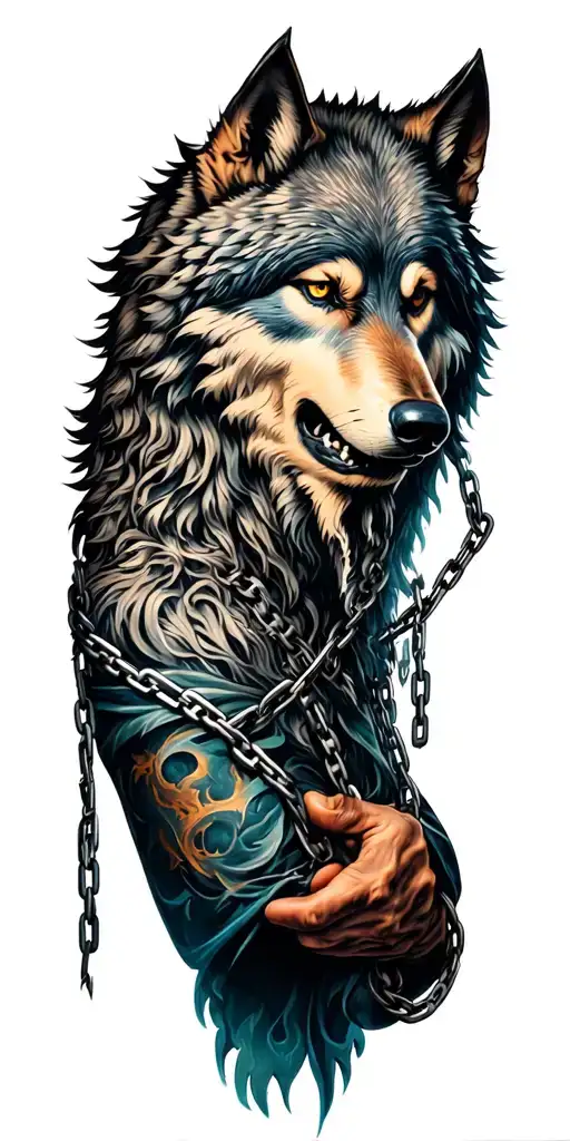 odin holding chains of fenrir wolf surrounded tattoo design idea