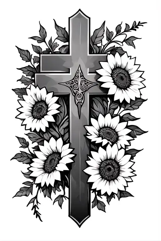 Cover-up Latin cross with a vine and layered sunflowers wrapping around,  the flowers dominate but still follow the shap tattoo design idea