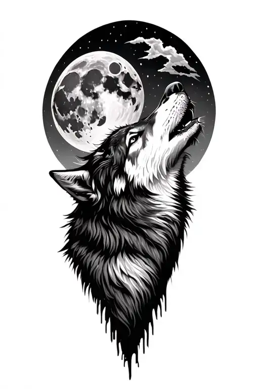 Wolf howling at the moon in the forest tattoo design idea