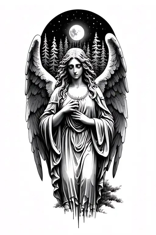 Weeping Angel with forest and moon background tattoo design idea