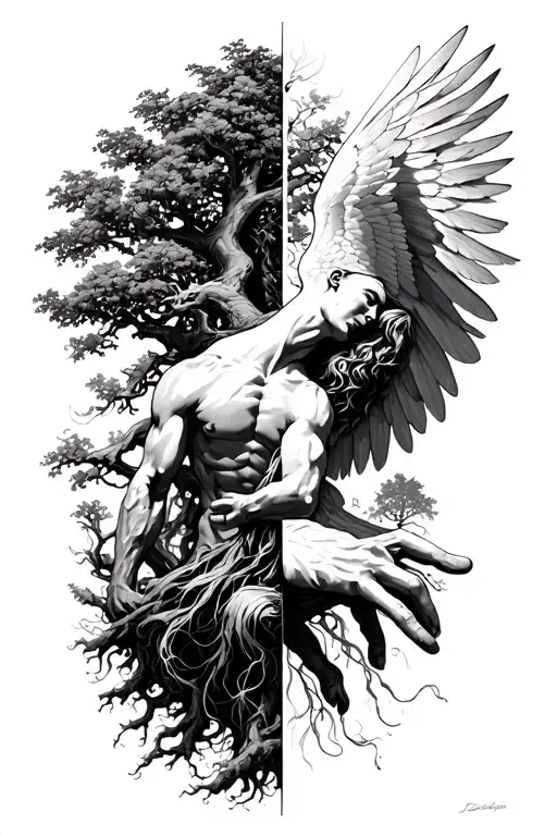 Icarus falling with a tree being half dead half alive and the Adam God hand  tattoo design idea