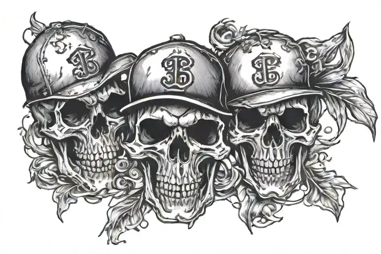 three skulls with a baseball hat tattoo design idea