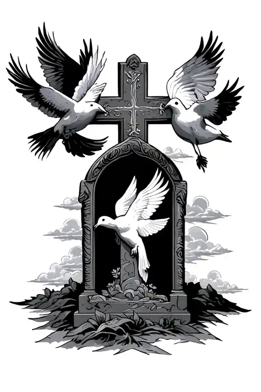 cross tattoo with tombstone rip, doves, sky/clouds tattoo design idea