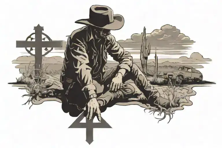 silhouette of a cowboy that is kneeling down next to a cross tattoo design idea