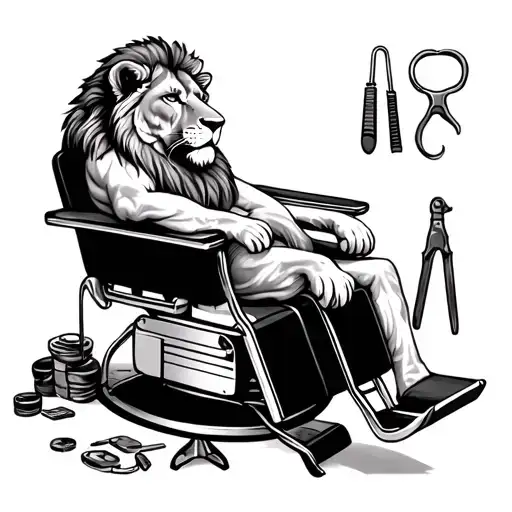A black-grey tattoo of a lion lounging on a barber's chair, with tools of the trade scattered around, showcasing the client's dual passions for animals and barbering tattoo design idea