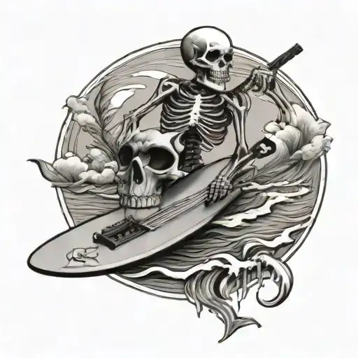 American traditional style tattoo of a skeleton on a surfboard in the ocean playing the electric guitar  tattoo design idea