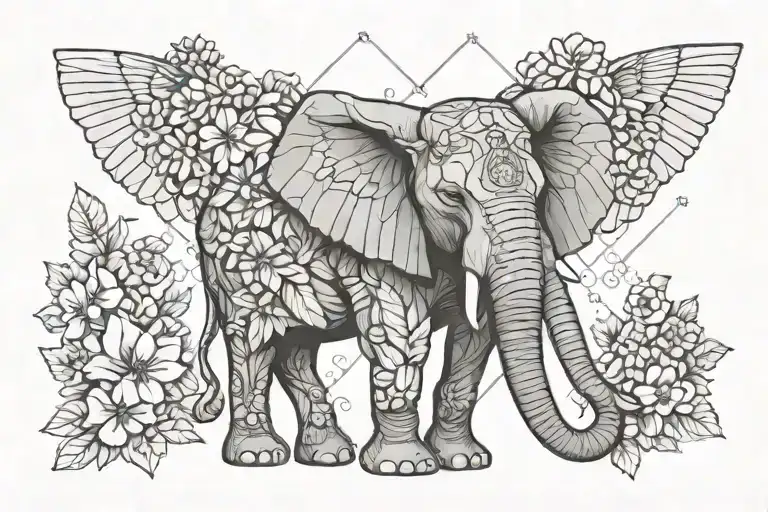 elephant with wings and hydrangeas crown  tattoo design idea
