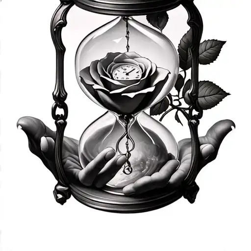 a hourglass with a watch inside the hands and a rose tattoo design idea