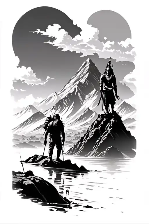Kailash parvat with shiva in aky and a trekker walking on riverside tattoo design idea