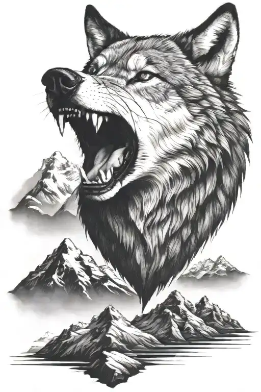 growling wolf face and rocky mountains inside tattoo design idea