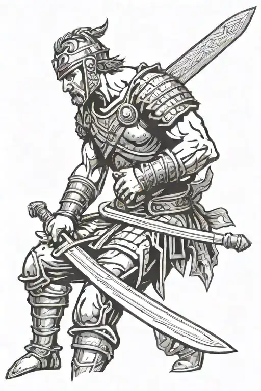 Beowulf sword above his head, headband, armour, looking up. side profile. fineline. minimalistic. full body. tattoo design idea