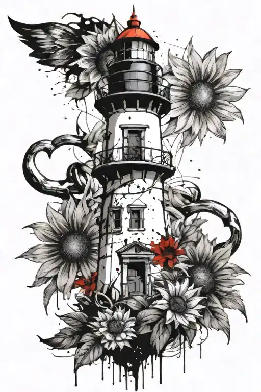lighthouse background with an anchor underneath her with sunflowers tattoo design idea