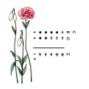 the following morse code -.-- --- ..- .----. .-.. .-.. -... . .. -. -- -.-- .... . .- . with carnations and snowdrops tattoo design idea
