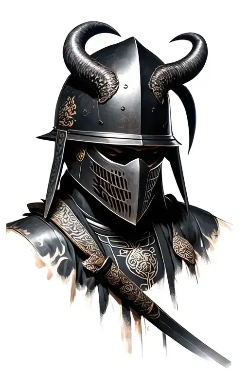 photo realistic ronin samurai warrior wearing a kabuto helmet with mask and horns, head bowed tattoo design idea