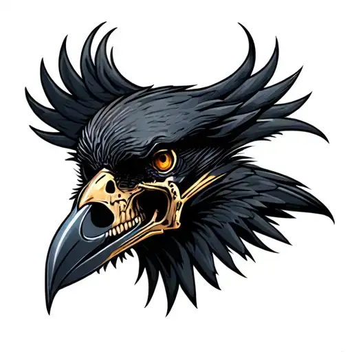 profile of a black crow head with metal skull tattoo design idea