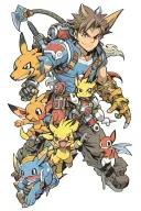 a sleeve featuring characters from pokemon. tekken, bioshock, bioshock infinite, jak & daxter, halo, dustforce, destiny tattoo design idea