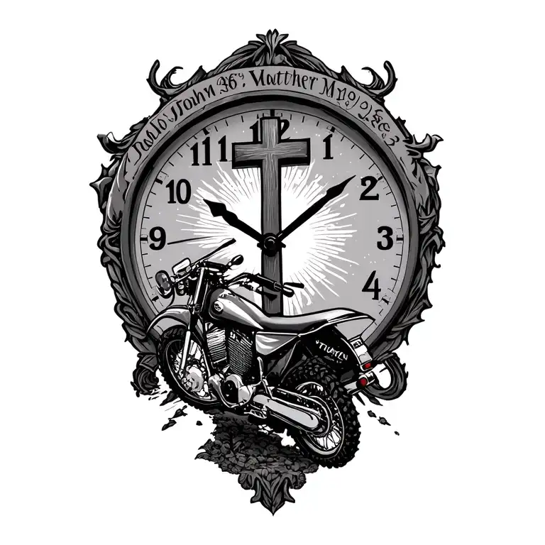 put a cross with a old school charger and a dirtbike on a clock and inclued the Bible verse John 3:16 and Matthew 19:26 tattoo design idea
