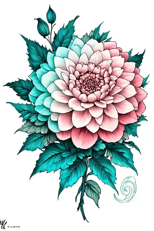 dahlia and peony tattoo with a mandala incorporating teal  tattoo design idea