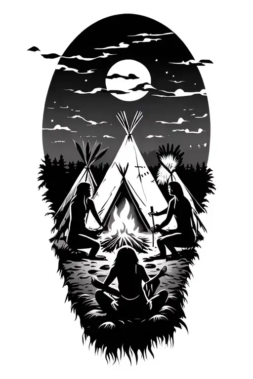 native Americans sitting around campfire surrounded by teepees tattoo design idea