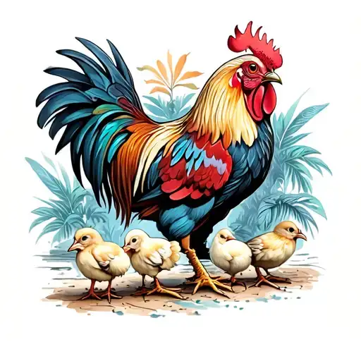 Key West style tattoo featuring a rooster, a chicken, and three chicks tattoo design idea