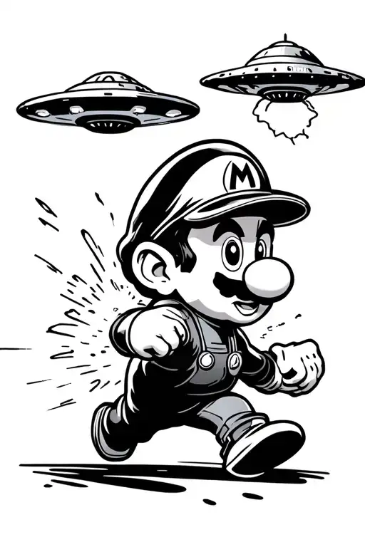 boo super mario running and being chased by ufo tattoo design idea