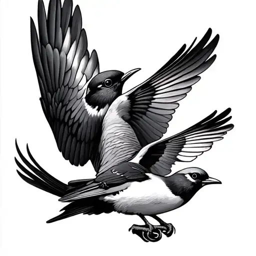 three birds. first bird is a swallow, second bird is a sparrow and third bird is a dove. flying. traditional style tattoo design idea
