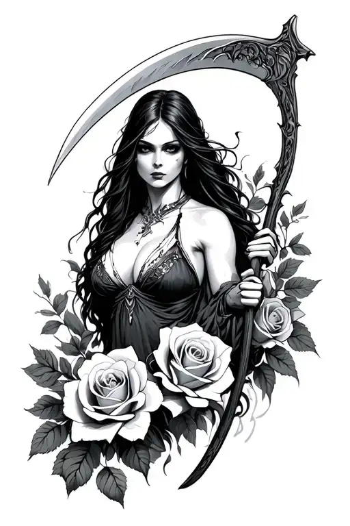 women grym reaper holding a scythe with roses blooming tattoo design idea