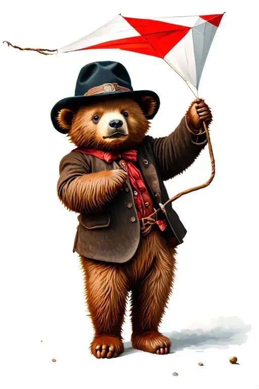 classic Paddington bear holding red and white kite tattoo design idea
