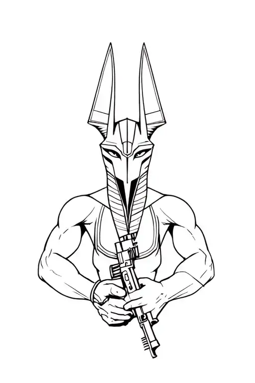 Anubis color tattoo with a Kalashnikov automaton in his hands tattoo design idea