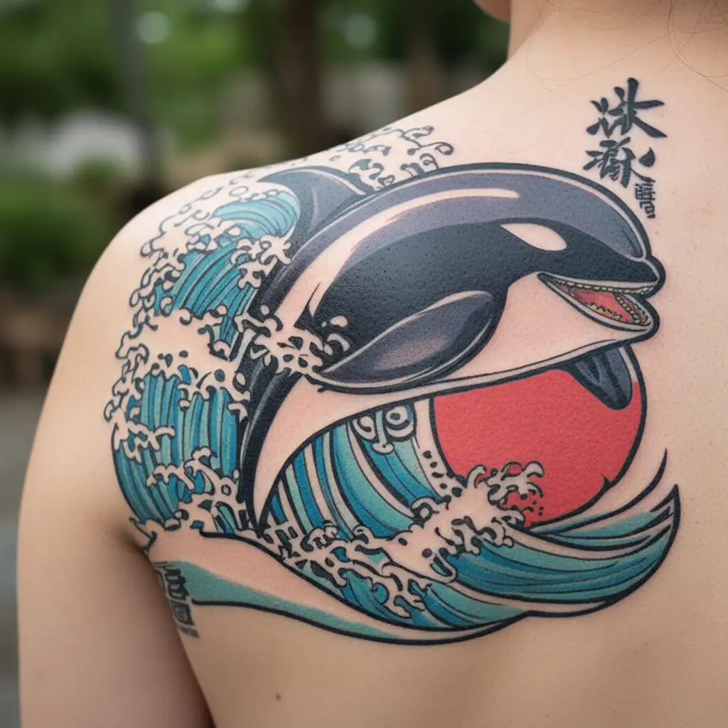 orca jumping out of a wave tattoo design idea