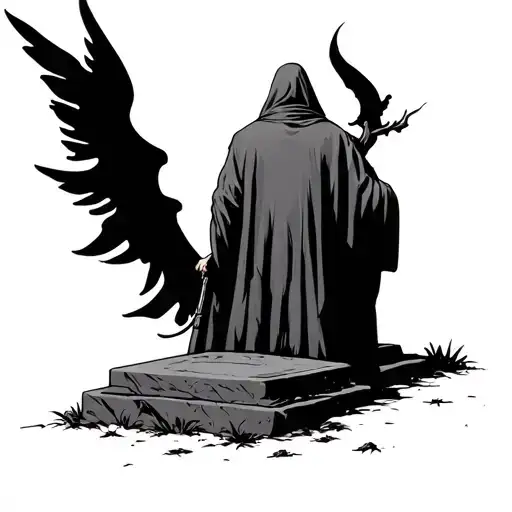 man in robes facing a blank grave stone tattoo design idea