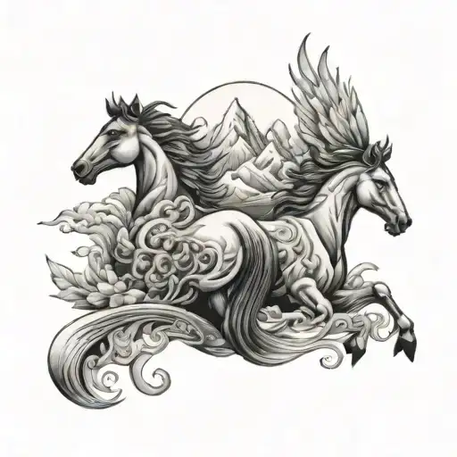 mountain, sea, Phoenix, horses, tattoo design idea