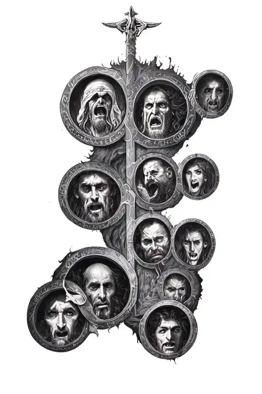 full representation of the story Dante's inferno 9 circles high detail showing a glimpse of each circles punishment tattoo design idea